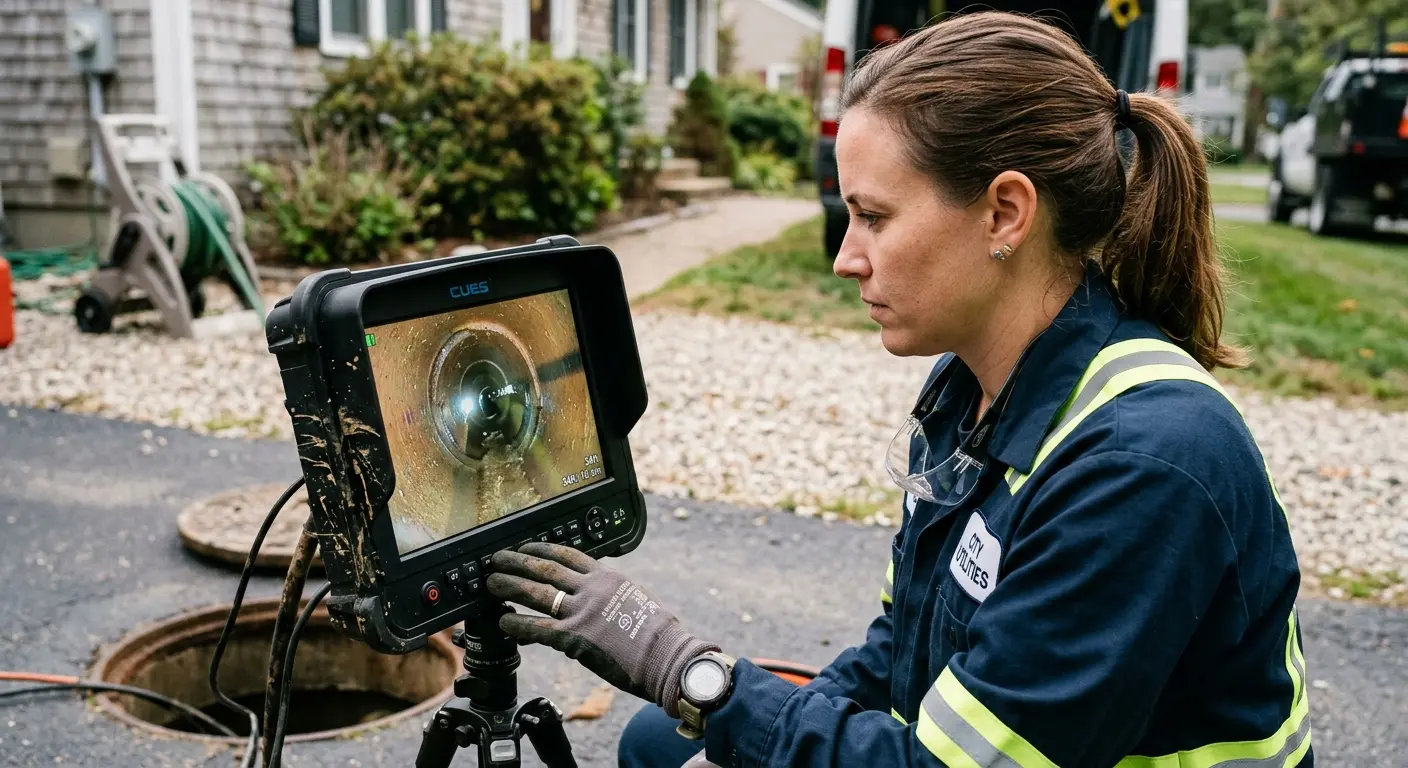 Technician reviewing sewer camera inspection footage in Darlington