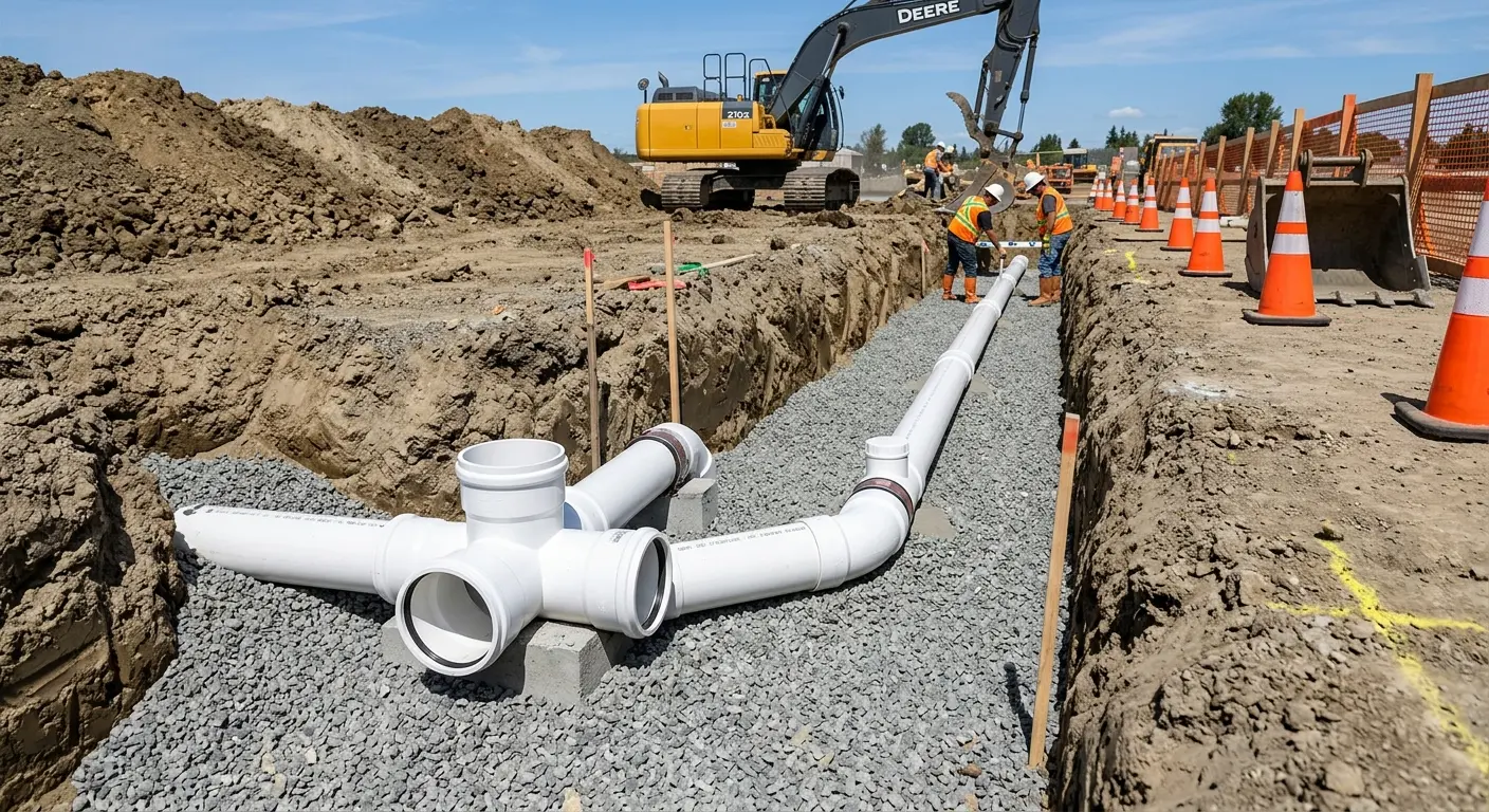 New PVC sewer pipe installation in open trench for Commercial Drain Cleaning in Darlington