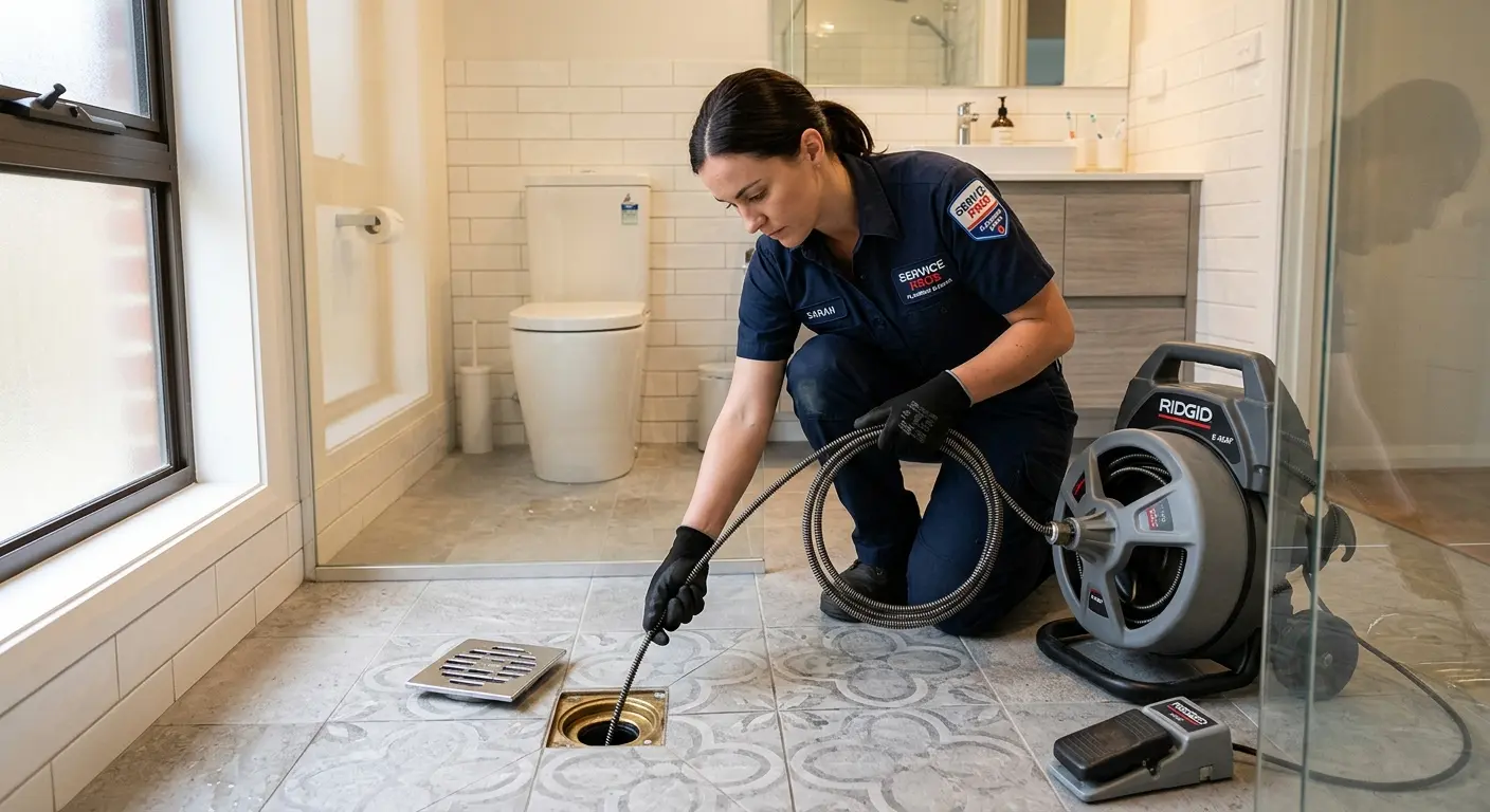 Technician clearing a bathroom floor drain for Hydro Jetting in Darlington